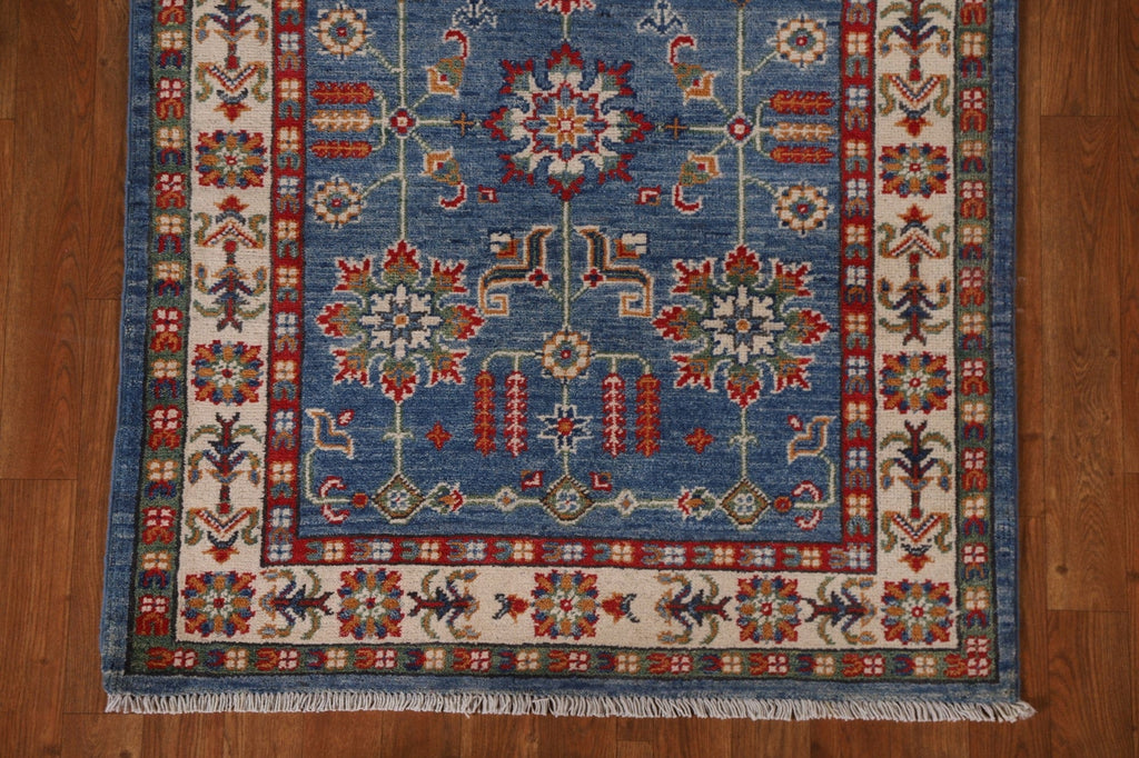 Geometric Blue Kazak Oriental Runner Rug 3x13