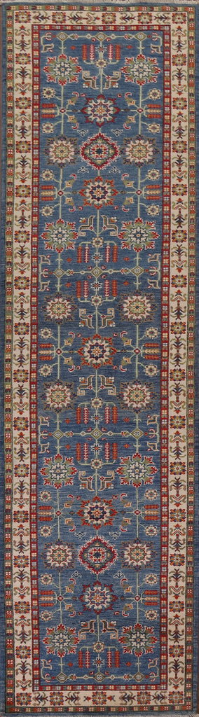 Geometric Blue Kazak Oriental Runner Rug 3x13