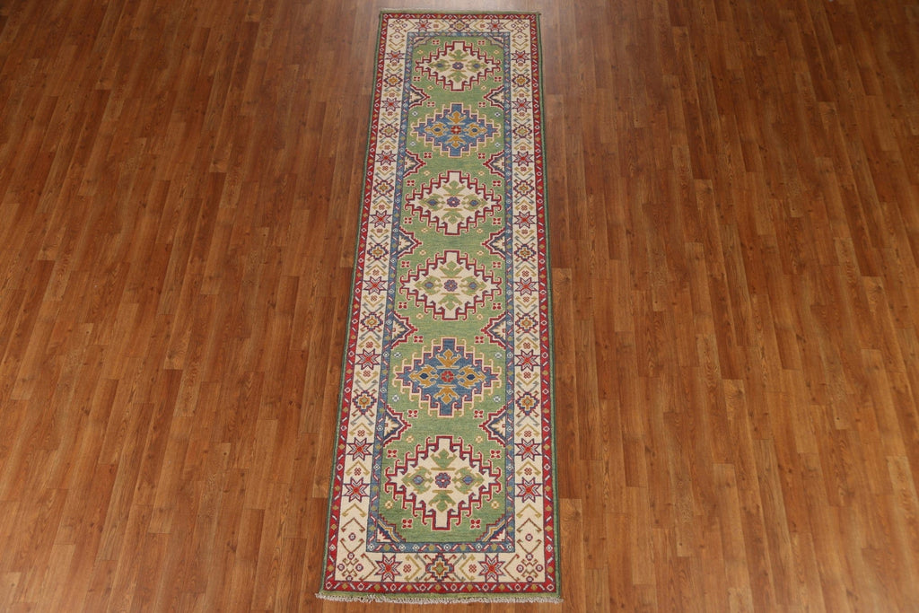 Green Geometric Kazak Wool Runner Rug 3x10