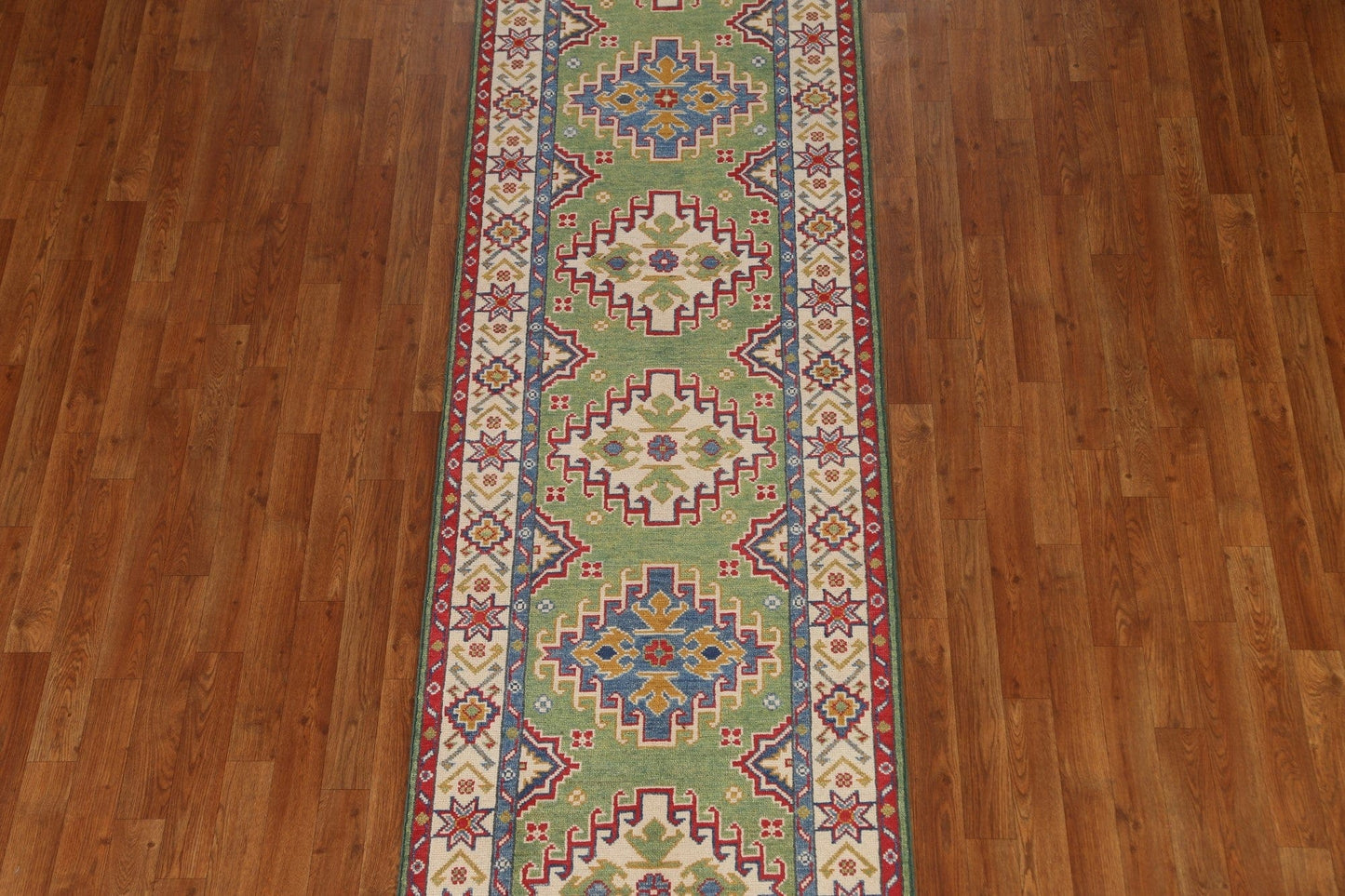 Green Geometric Kazak Wool Runner Rug 3x10