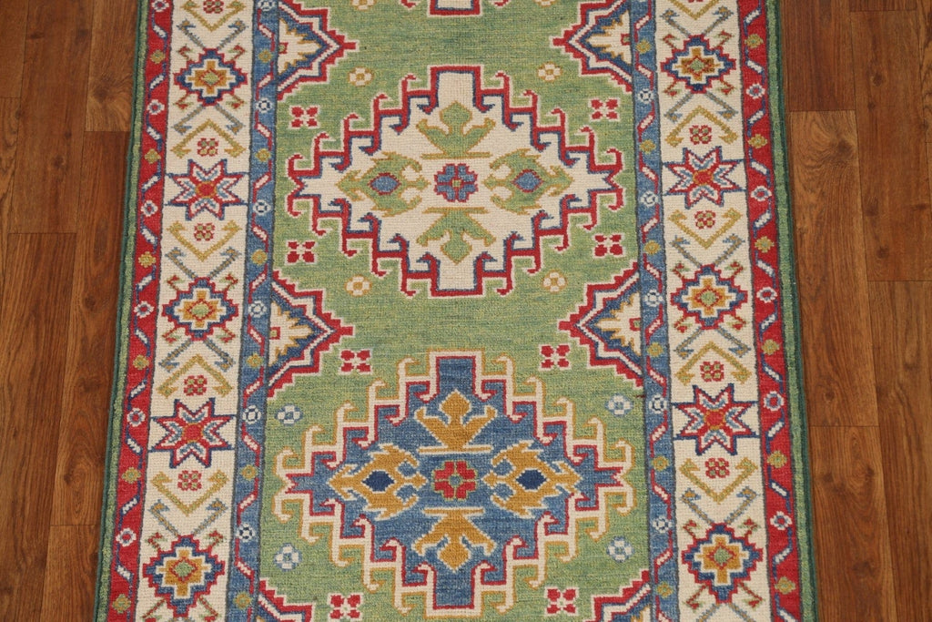 Green Geometric Kazak Wool Runner Rug 3x10