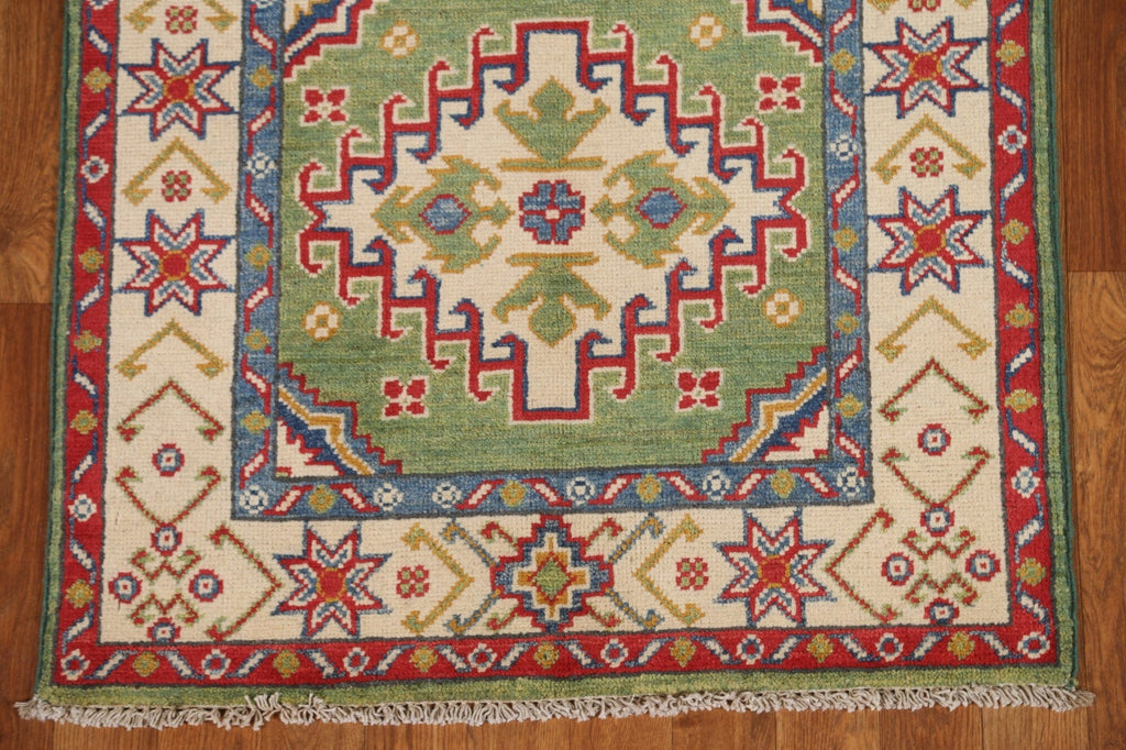 Green Geometric Kazak Wool Runner Rug 3x10