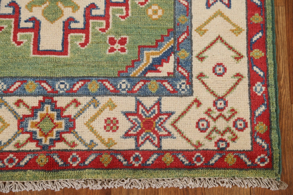 Green Geometric Kazak Wool Runner Rug 3x10