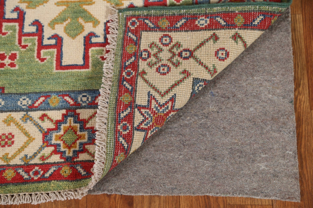 Green Geometric Kazak Wool Runner Rug 3x10