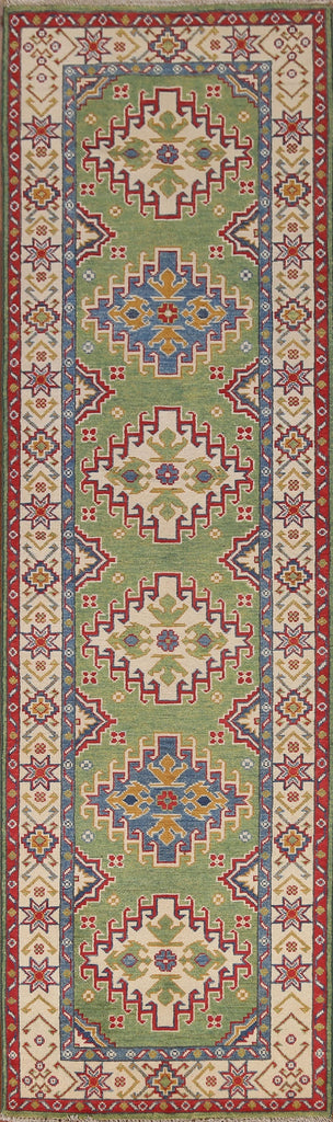 Green Geometric Kazak Wool Runner Rug 3x10