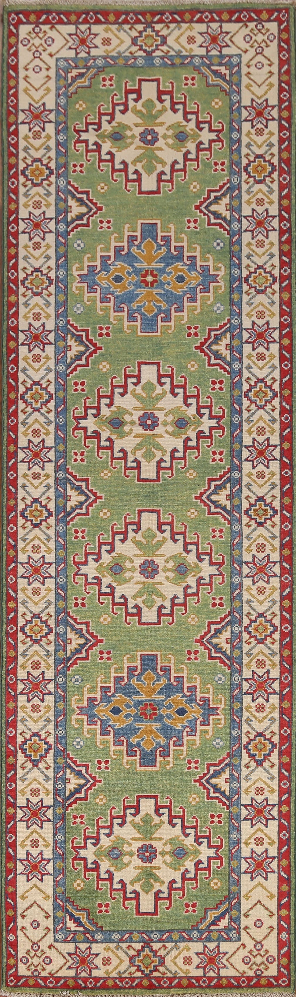 Green Geometric Kazak Wool Runner Rug 3x10