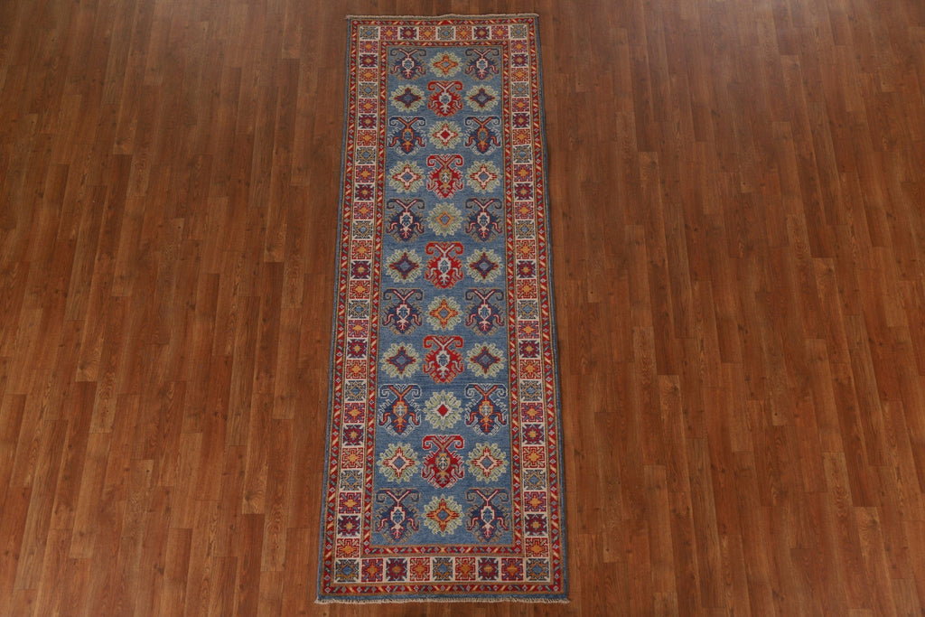 Blue Geometric Kazak Oriental Runner Rug 3x8