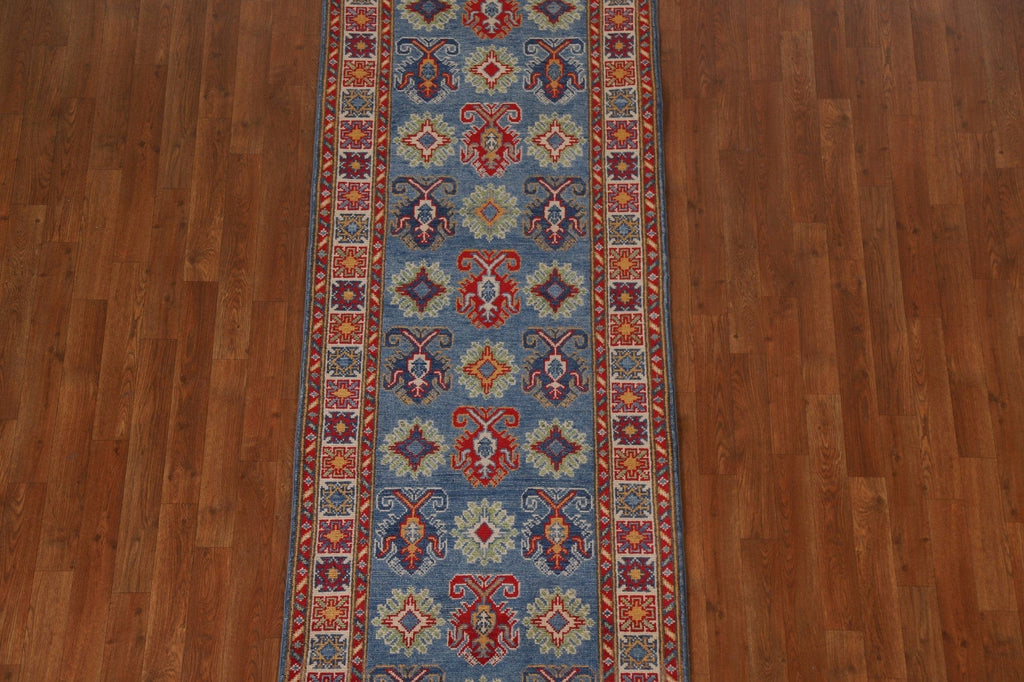 Blue Geometric Kazak Oriental Runner Rug 3x8