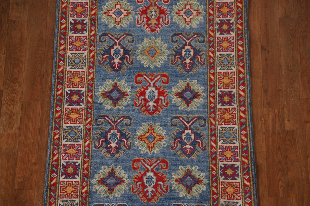 Blue Geometric Kazak Oriental Runner Rug 3x8