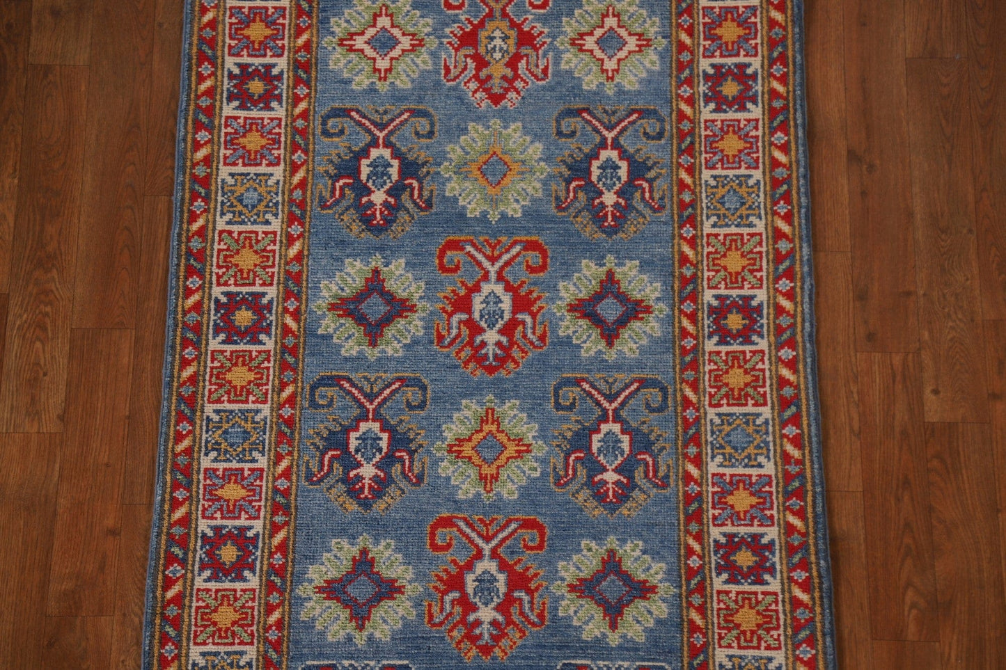 Blue Geometric Kazak Oriental Runner Rug 3x8