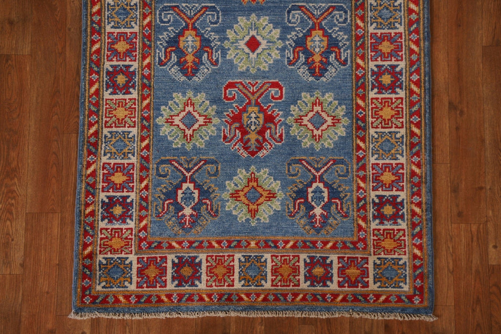 Blue Geometric Kazak Oriental Runner Rug 3x8