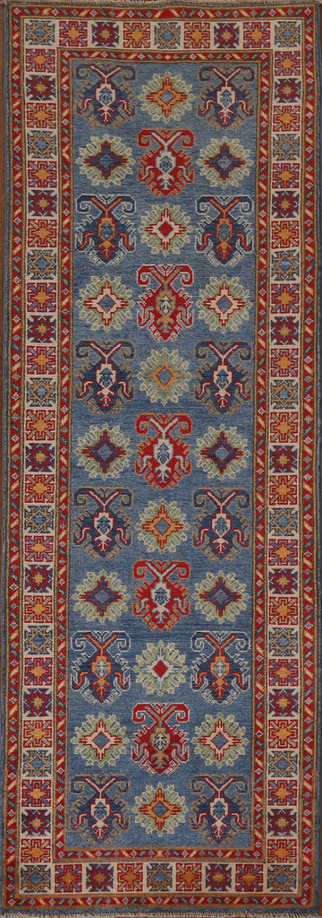 Blue Geometric Kazak Oriental Runner Rug 3x8