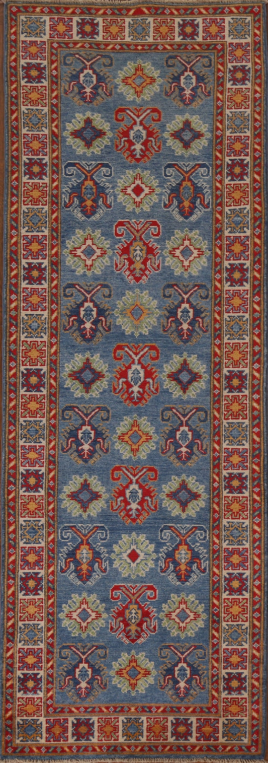 Blue Geometric Kazak Oriental Runner Rug 3x8