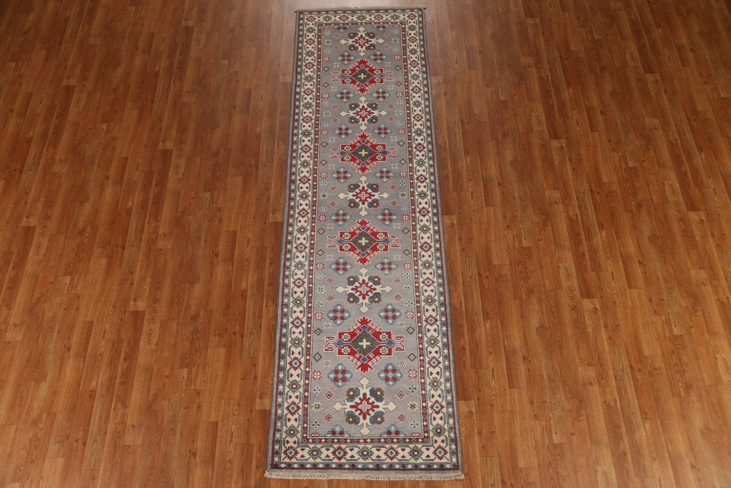 Geometric Gray Kazak Runner Rug 3x10