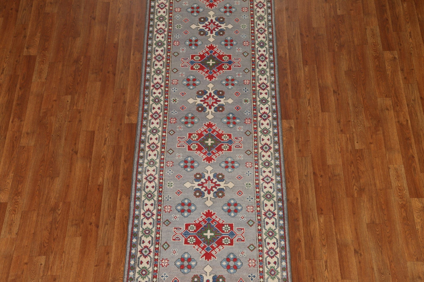 Geometric Gray Kazak Runner Rug 3x10