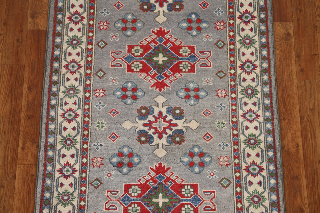 Geometric Gray Kazak Runner Rug 3x10