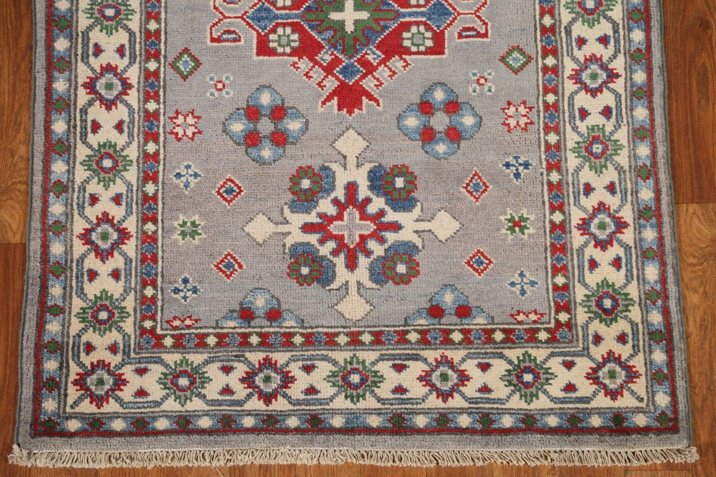 Geometric Gray Kazak Runner Rug 3x10