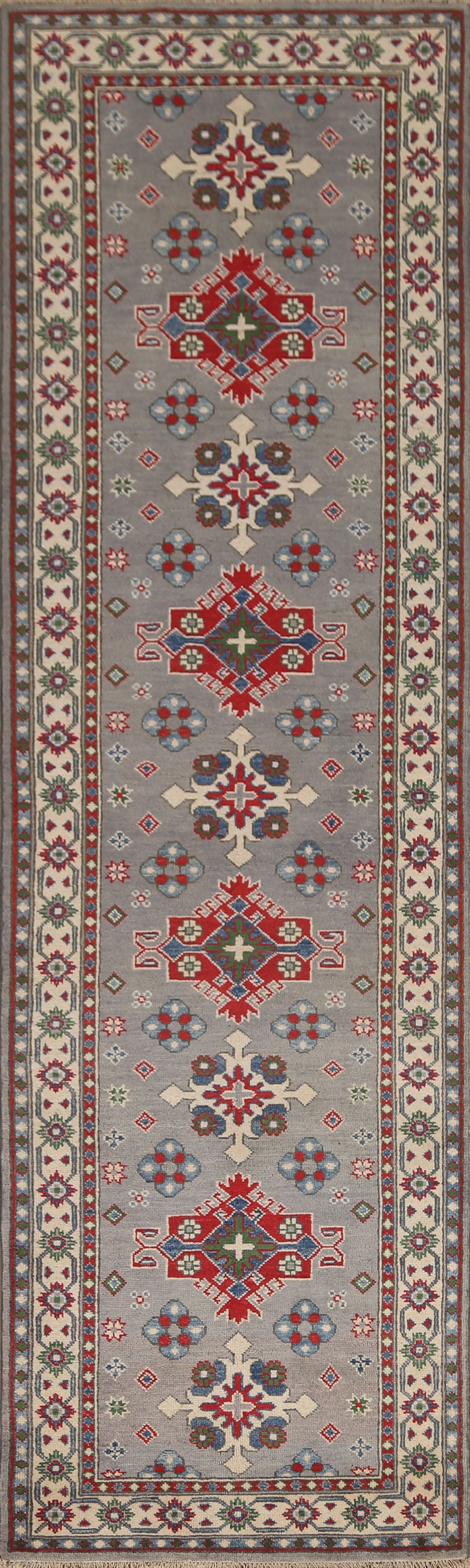 Geometric Gray Kazak Runner Rug 3x10