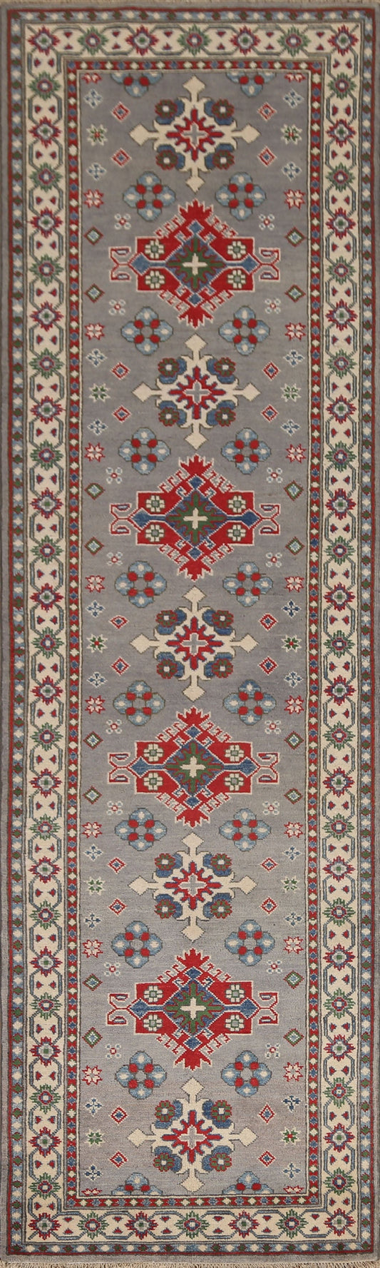 Geometric Gray Kazak Runner Rug 3x10