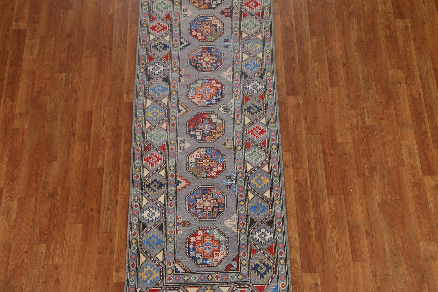 Geometric Kazak Wool Runner Rug 3x8