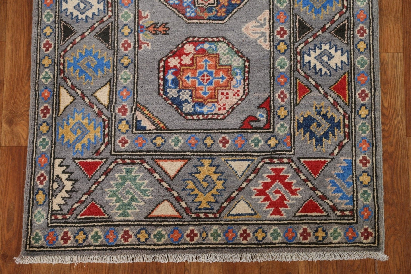 Geometric Kazak Wool Runner Rug 3x8