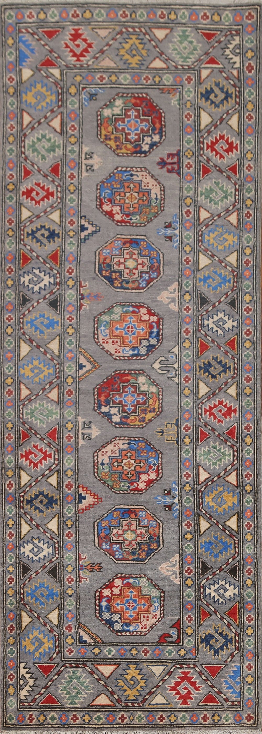 Geometric Kazak Wool Runner Rug 3x8