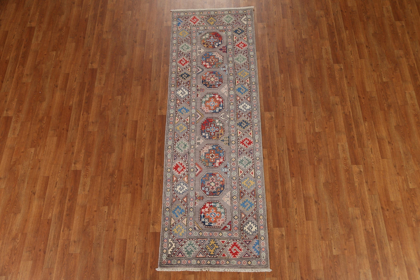 Geometric Kazak Oriental Runner Rug 3x8