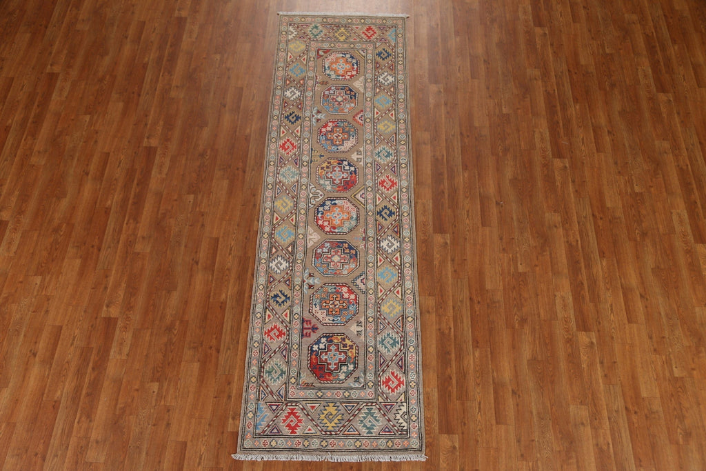 Geometric Kazak Oriental Runner Rug 3x9