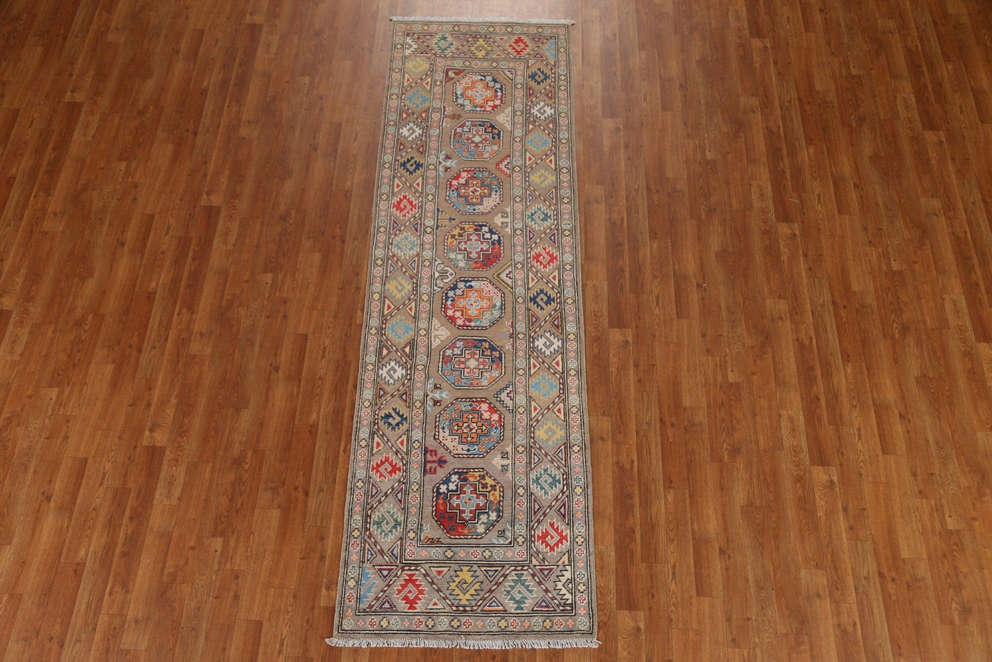 Geometric Kazak Oriental Runner Rug 3x9