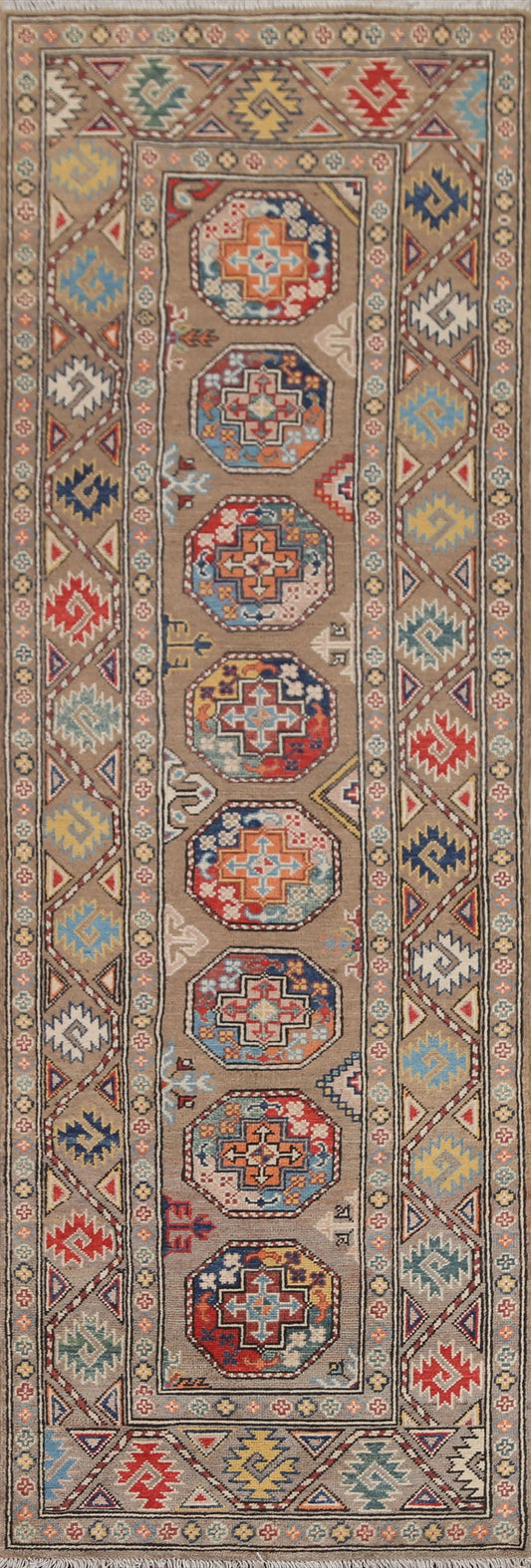 Geometric Kazak Oriental Runner Rug 3x9