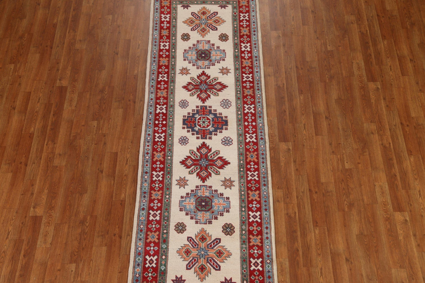 Geometric Kazak Oriental Runner Rug 3x9