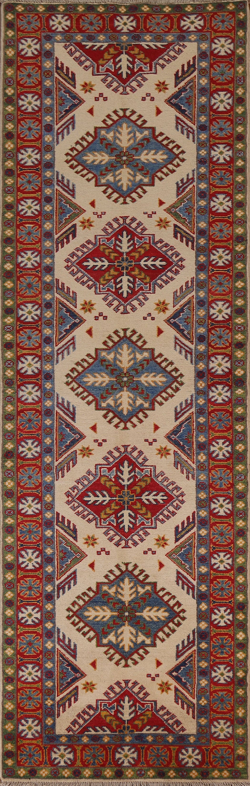 Handmade Kazak Wool Runner Rug 3x9