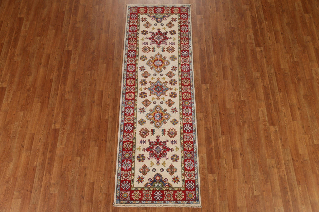 Ivory Wool Kazak Geometric Runner Rug 3x8