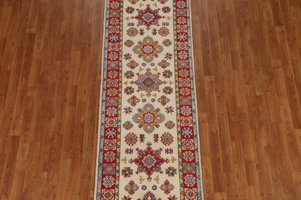 Ivory Wool Kazak Geometric Runner Rug 3x8