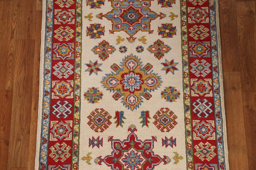 Ivory Wool Kazak Geometric Runner Rug 3x8