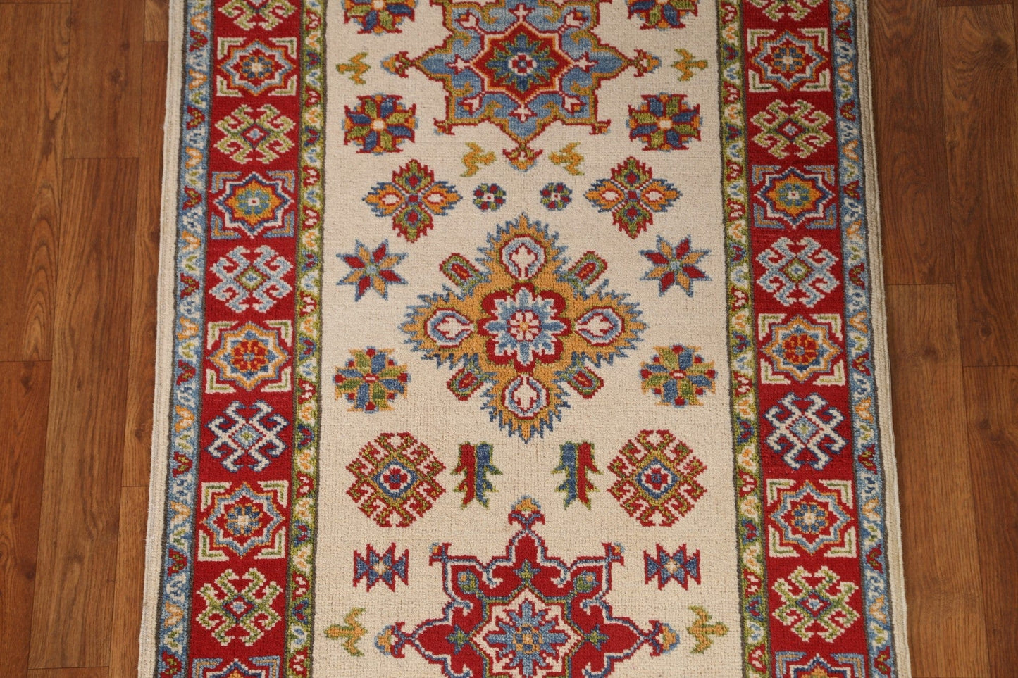 Ivory Wool Kazak Geometric Runner Rug 3x8