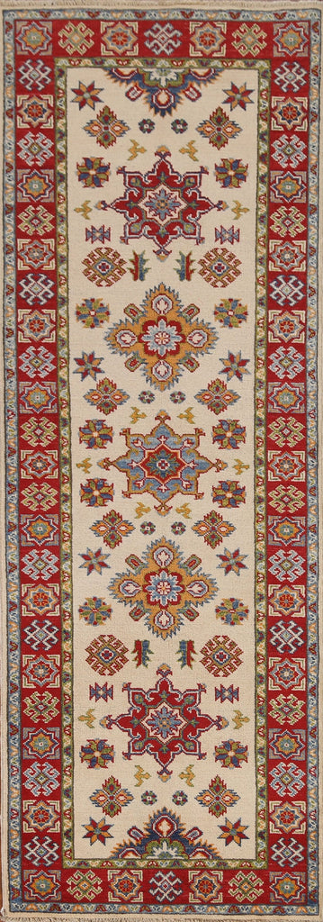 Ivory Wool Kazak Geometric Runner Rug 3x8