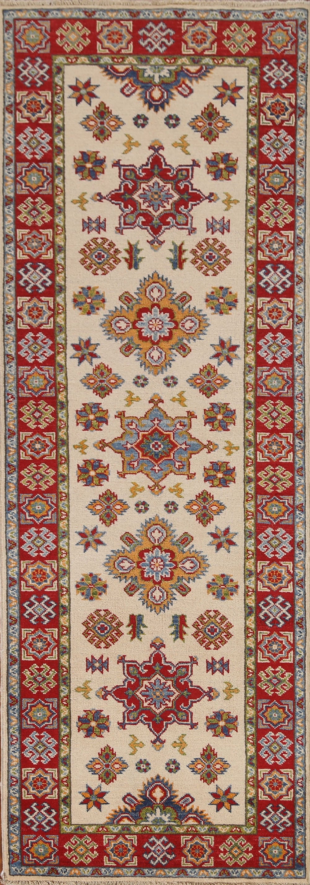 Ivory Wool Kazak Geometric Runner Rug 3x8