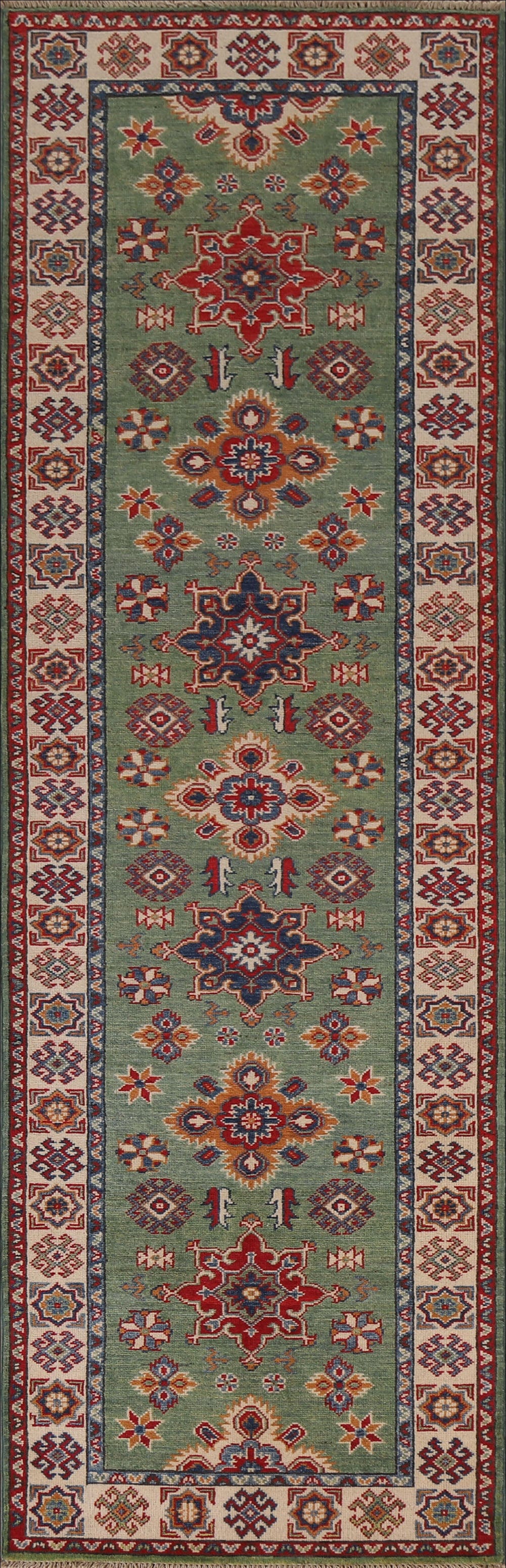 Green Kazak Wool Runner Rug 3x10