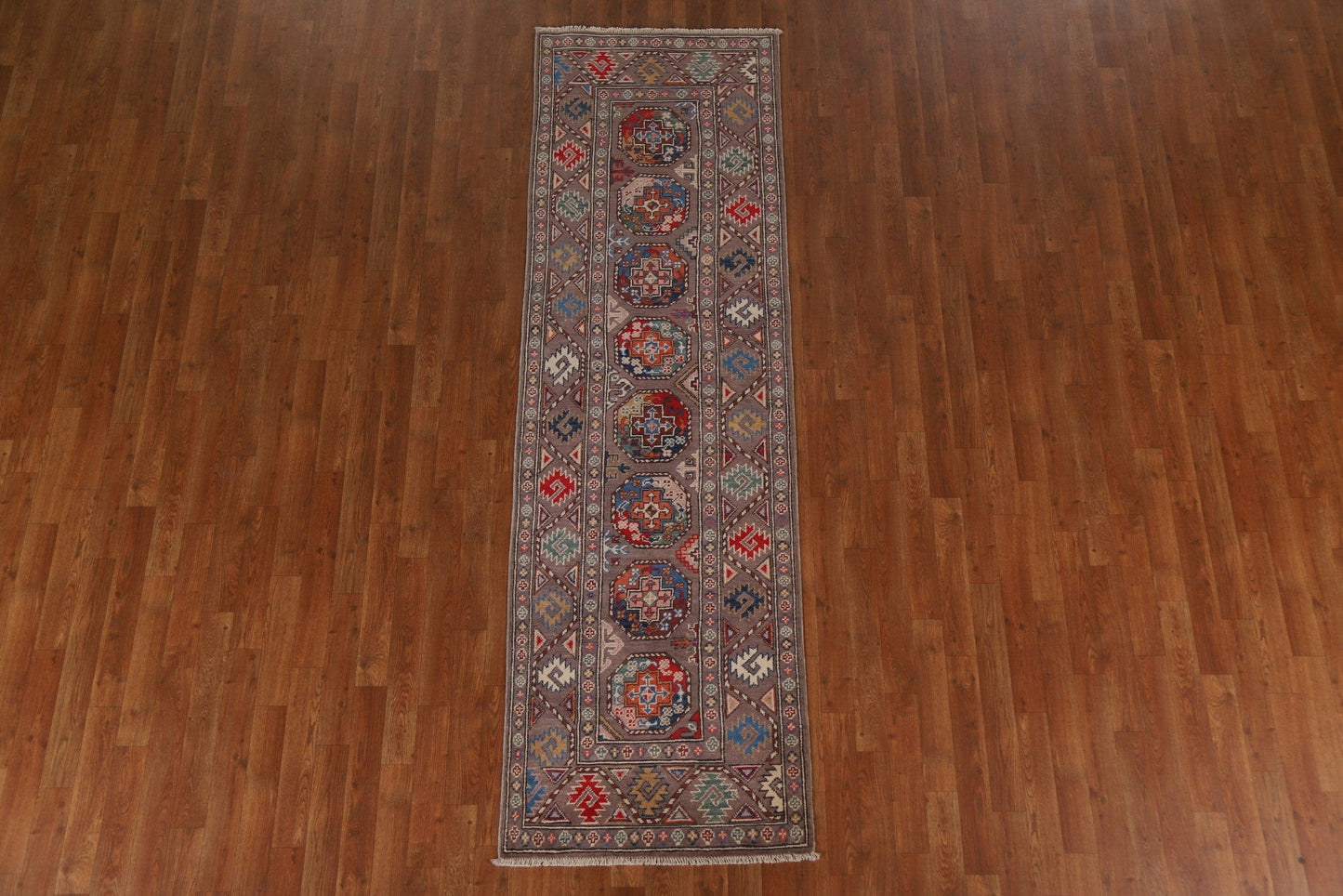 Geometric Kazak Wool Runner Rug 3x9