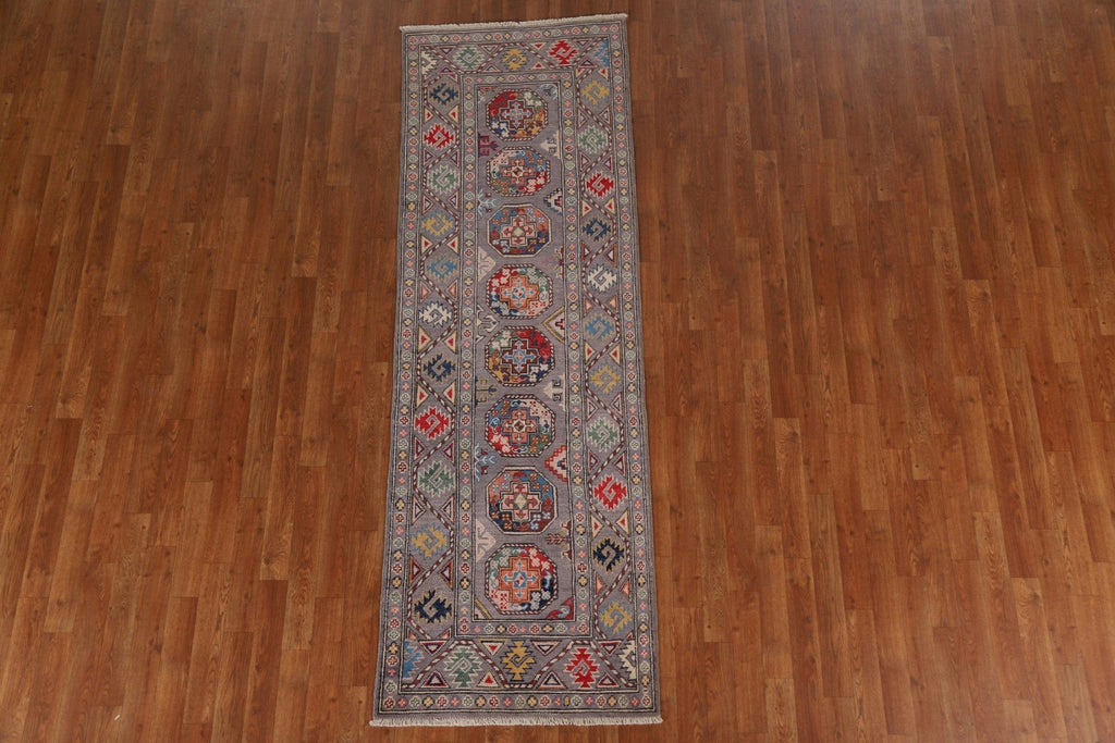 Handmade Kazak Geometric Runner Rug 3x8