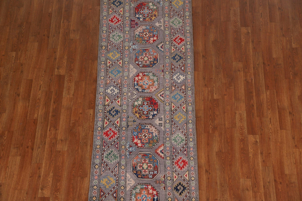 Handmade Kazak Geometric Runner Rug 3x8