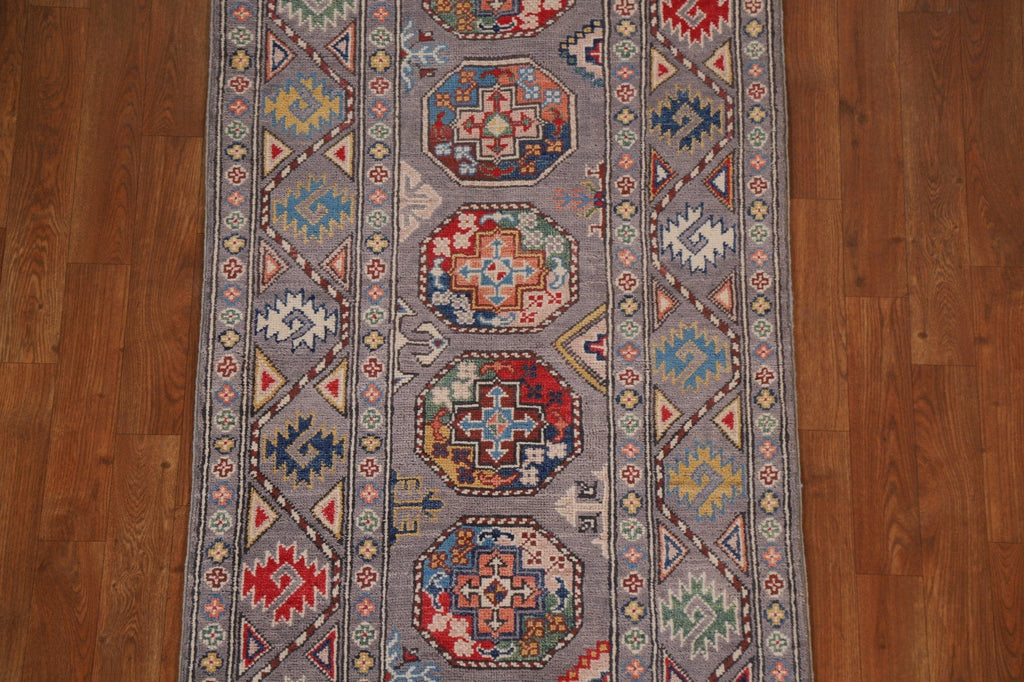 Handmade Kazak Geometric Runner Rug 3x8