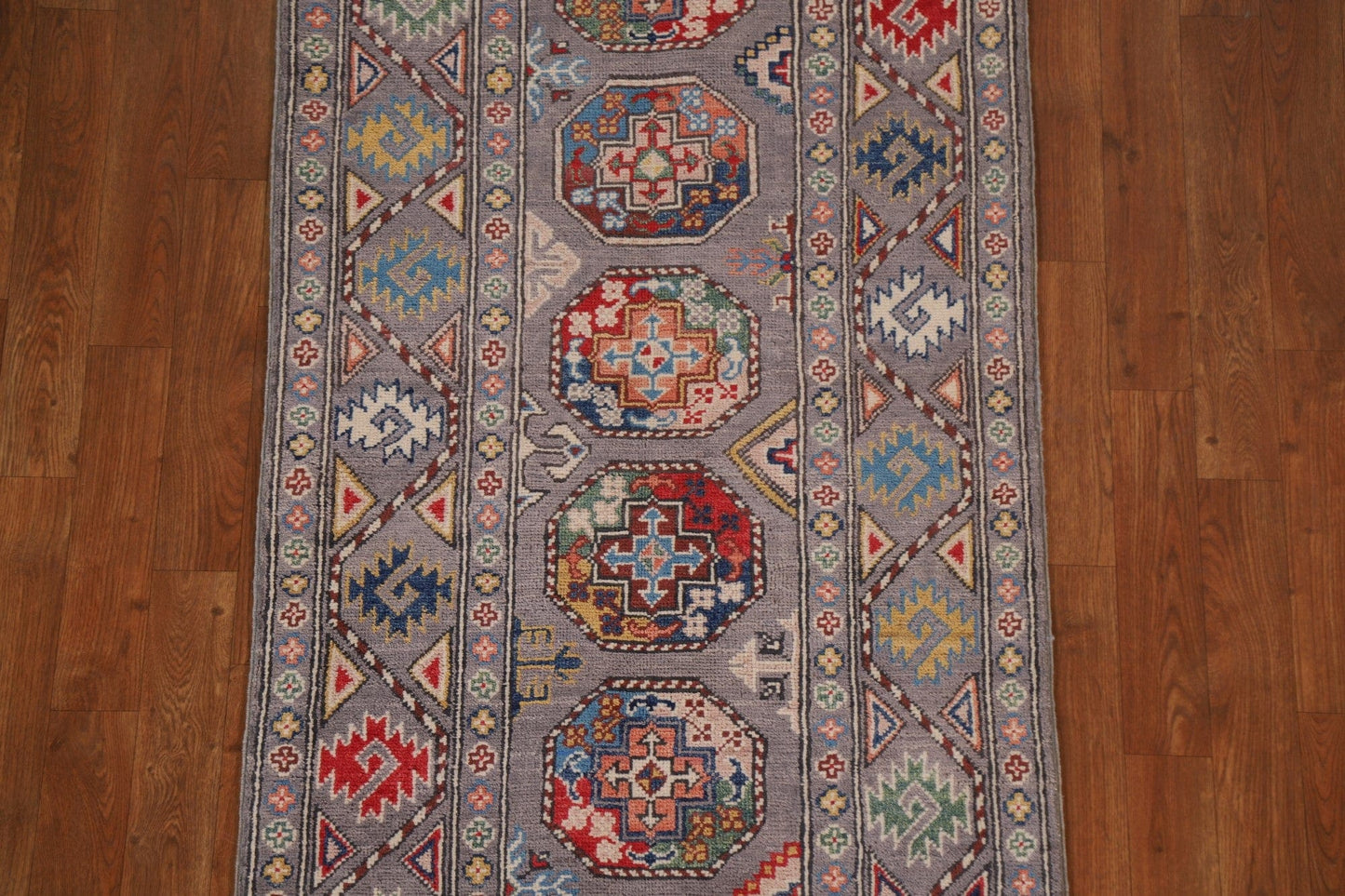 Handmade Kazak Geometric Runner Rug 3x8