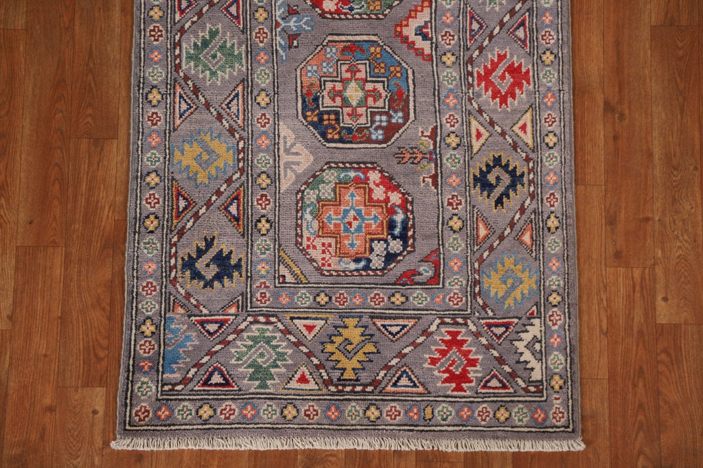 Handmade Kazak Geometric Runner Rug 3x8