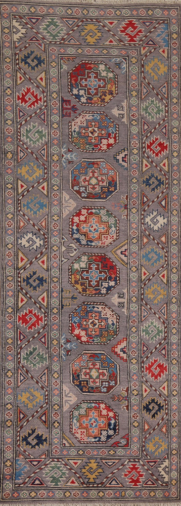 Handmade Kazak Geometric Runner Rug 3x8