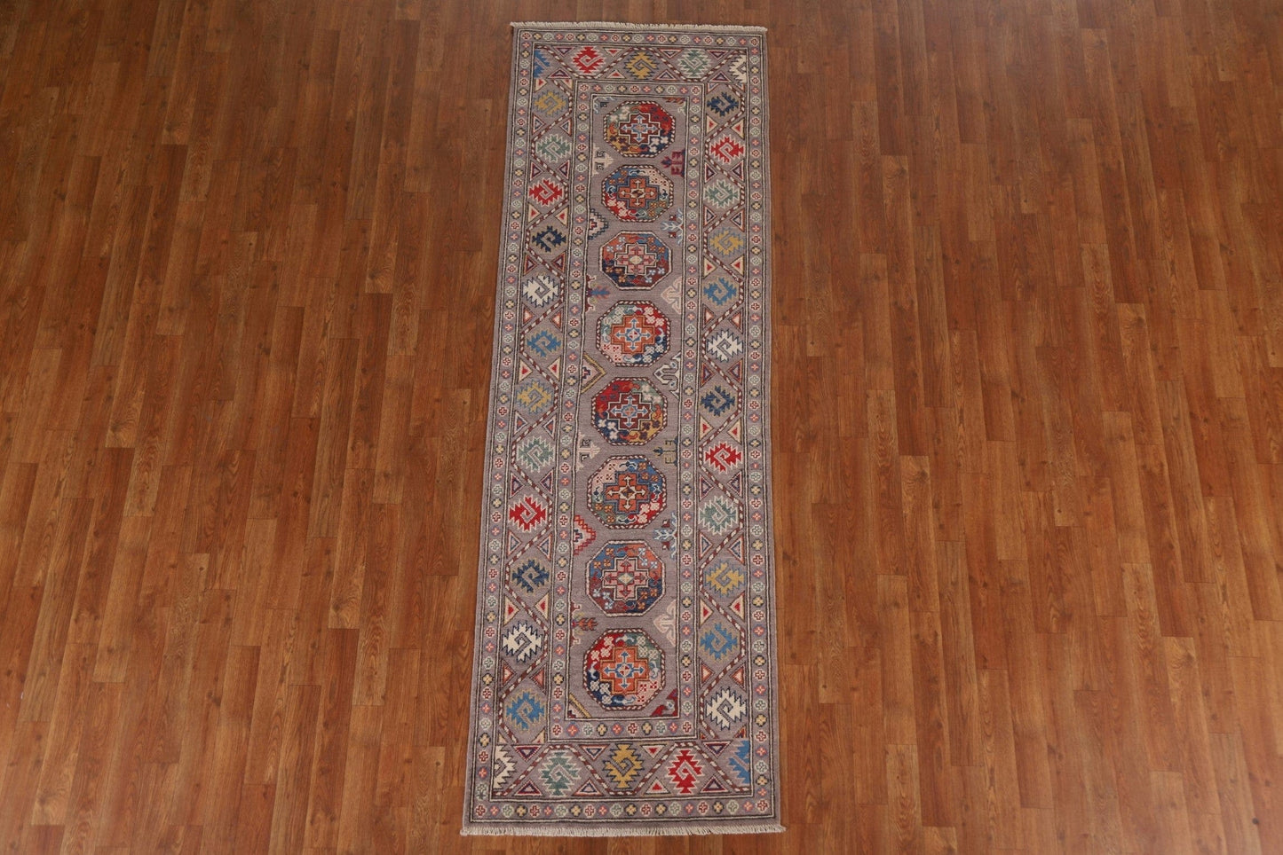 Geometric Kazak Oriental Runner Rug 3x8