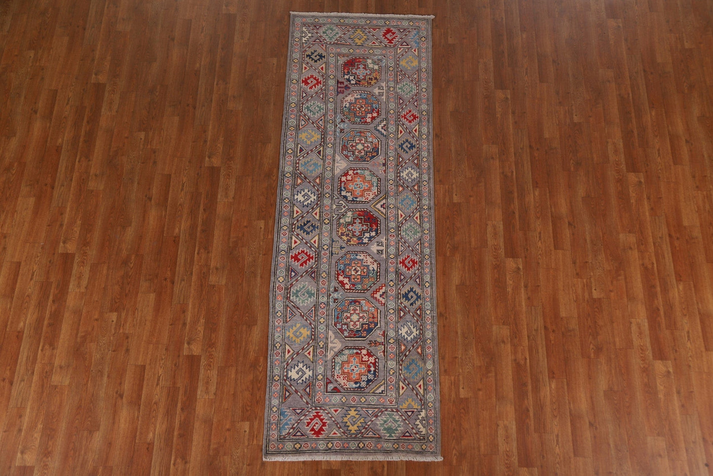 Geometric Kazak Oriental Runner Rug 3x8