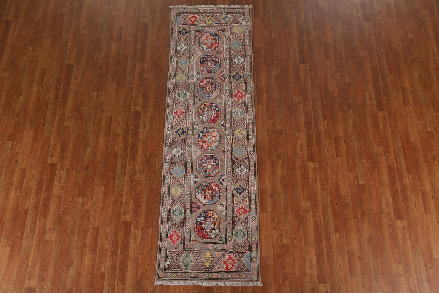 Brown Wool Kazak Oriental Runner Rug 3x9