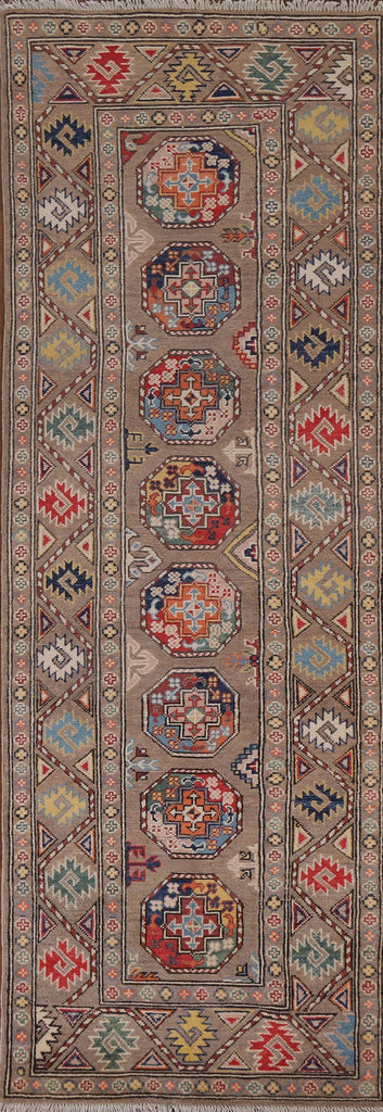 Brown Wool Kazak Oriental Runner Rug 3x9